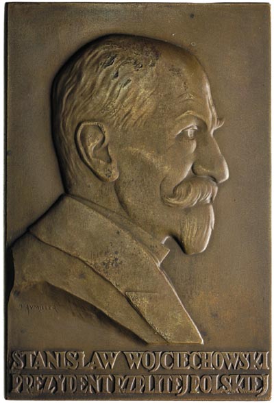 Stanisław Wojciechowski, plakieta mennicy warszawskiej sygnowana J. AVMILLER, 1926 r., brąz 91 x61 mm, Strzałkowski -Plakiety 2.b, wybito powyżej 170 sztuk