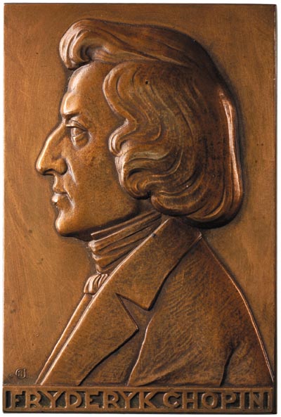 Fryderyk Chopin, plakieta mennicy warszawskiej sygnowana JA ( J AUMILLER),1926 r., brąz 91 x 61 mm, Strzałkowski -Plakiety 6.b, wybito powyżej 50 sztuk