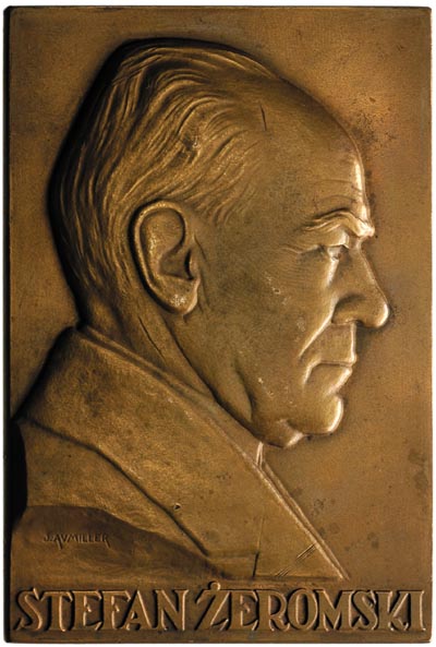 Stefan Żeromski, plakieta mennicy warszawskiej sygnowana przez J. Aumillera, 1926 r. brąz 92 x 62 mm, Strzałkowski -Plakiety 10.b, nakład ponad 1.000 sztuk