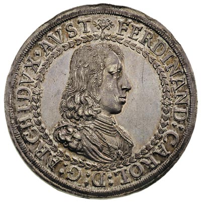 Ferdynand Karol- arcyksiążę Tyrolu 1632-1662, dwutalar bez roku, Hall, srebro 56.43 g, Dav. 3363, piękna i efektowna moneta ze starą patyną, drobne rysy w tle