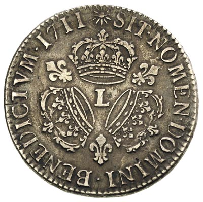 Ludwik XIV 1643-1715, 1 ecu 1711 L, Bayonne, Gadoury 229, Dav. 1324, patyna