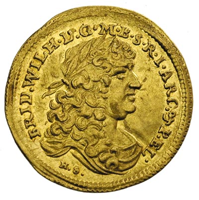 Fryderyk Wilhelm 1640-1688, dukat 1676 / H-S, Królewiec, Aw: Popiersie króla w prawo, pod nim litery H.S. i napis wokoło, Rw: Dziesięciopolowa owalna tarcza herbowa, ukoronowana, wokoło napis SUPREMUS DUX IN PRUSSIA, u góry data rozdzielona koroną, Fr. 2267, Schrötter 99, Neumann 11.17, złoto 3.46 g, niezmiernie rzadka moneta, lekko gięta, ale bardzo ładnie zachowana