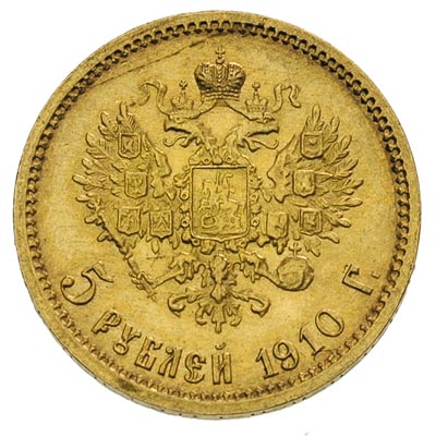 5 rubli 1910, Petersburg, złoto 4.30 g, Kazakov 377, Fr. 180, wyśmienite, rzadki rocznik