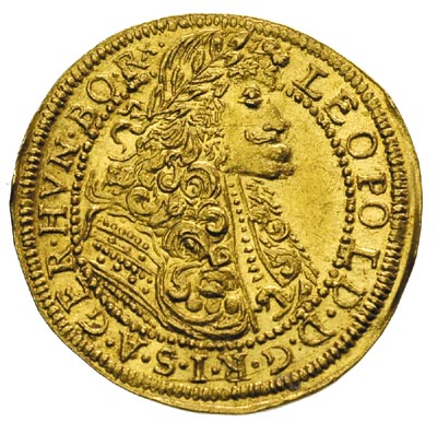 Leopold I 1690-1705, dukat 1695 K-V, Klausenburg, Aw: Popiersie cesarza w prawo, Rw: Orzeł cesarski z dwupolową tarczą herbową na piersi, ponad nim korona rozdzielająca datę, u dołu litery K-V, złoto 3.44 g, Herinek 407, Resch 15, Fr. 495, wyśmienicie zachowany, rzadki