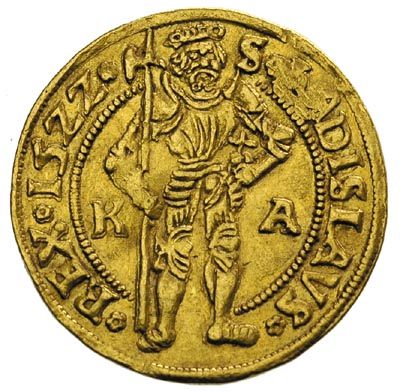 Ludwik II Jagiellończyk 1516-1526, goldgulden 1522, litery K-A, złoto 3.56 g, Huszar 827, Fr. 39, ślad po załatanej dziurze