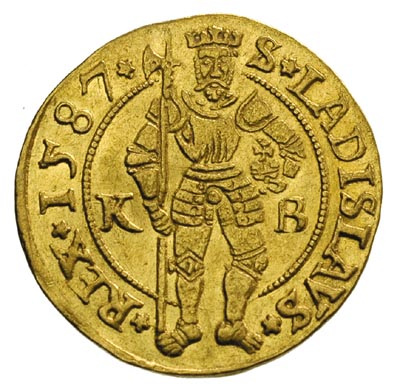 Rudolf 1576-1608, dukat 1587 K-B, Krzemnica, złoto 3.50 g, Huszar 1002, Fr. 63, lekko gięty, piękny
