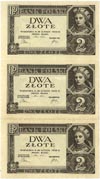 2 złote 26.02.1936, trzy nierozcięte banknoty, bez oznaczenia serii i numeracji, bez poddruku, Mił..