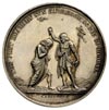 medal chrzcielny autorstwa JHerknera, Aw: Scena chrztu Chrystusa w rzece, Rw: U góry napis NA PAMI..