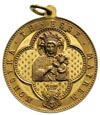 medal religijny z uszkiem, Aw: Matka Boska Częstochowska, poniżej trójdzielna tarcza z herbami Pol..