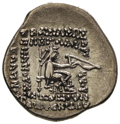 Sinatruces 77-70 pne, drachma, nieznana mennica, Mitchiner 535, ciekawsza odmiana z legendą typową dla tetradrachm