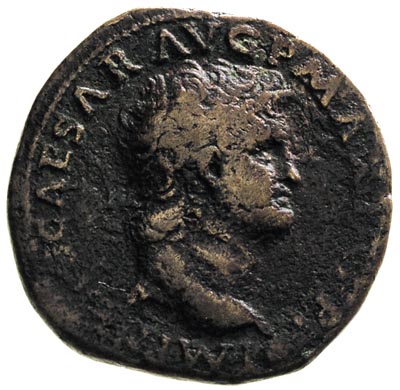 Neron 54-68, as 66, Lyon, Aw: Głowa cesarza w prawo, Rw: Wiktoria krocząca w lewo z tarczą z inskrypcją SPQR, RIC 543, Sear -, zielona patyna