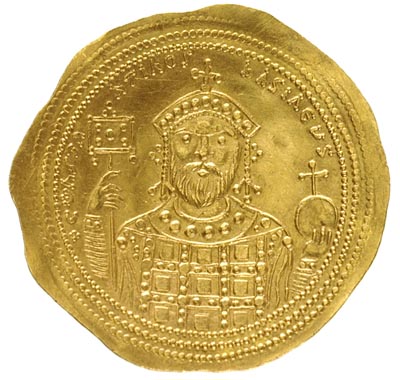 Konstantyn IX Monomachus 1042-1055, histamenon, Konstantynopol, złoto 4.30 g, Sear (1824) notuje taką odmianę tylko z tytulaturą Michała IV, nienotowany w literaturze, pięknie zachowany