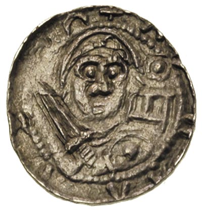 Władysław Wygnaniec 1138-1146, denar, Aw: Książę z mieczem i tarczą, w polu litera E, Rw: Biskup z pastorałem i biblią, srebro 0.48 g, Stronczyński 42
