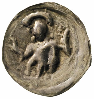 Ks. Wrocławskie, Henryk I Brodaty 1201-1238 lub Henryk II Pobożny 1238-1241, brakteat, Postać świętego w aureoli stojąca z uniesionymi dłońmi, srebro 0.16 g, Fbg. 73