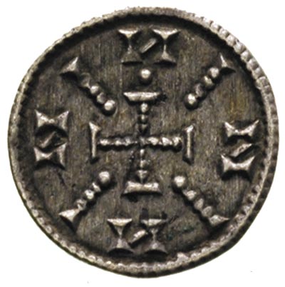 denar XII w., Aw: Krzyż perełkowy, w polu N-N-N-N, między nimi promieniste linie perełkowe, Rw: Krzyż, w polu pomiędzy ramionami po trzy kulki, Huszar 123, patyna