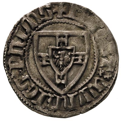 Winrych von Kniprode 1351-1382, szeląg, Aw: Tarcza wielkiego mistrza, Rw: Tarcza krzyżacka, Vossberg 129, patyna