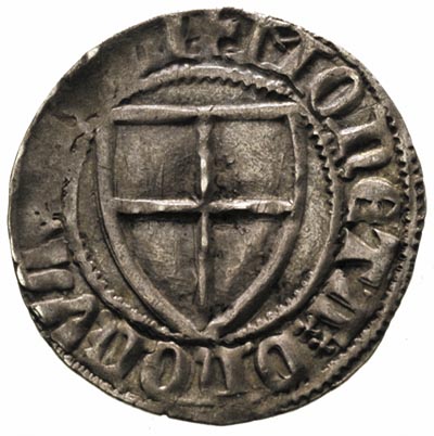 Winrych von Kniprode 1351-1382, szeląg, Aw: Tarcza wielkiego mistrza, Rw: Tarcza krzyżacka, Vossberg 129, patyna