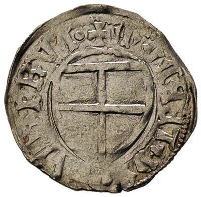Ulryk von Jungingen 1407-1410, szeląg, Aw: Tarcza wielkiego mistrza, Rw: Tarcza krzyżacka, Vossberg 528
