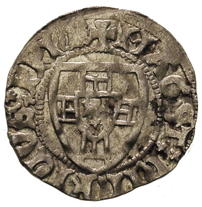 Henryk I von Plauen 1410-1414, szeląg, Gdańsk, Aw: Tarcza wielkiego mistrza, Rw: Tarcza krzyżacka, nad nią litera D, Vossberg 622