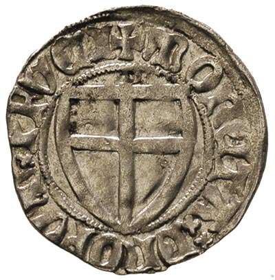 Henryk I von Plauen 1410-1414, szeląg, Gdańsk, Aw: Tarcza wielkiego mistrza, Rw: Tarcza krzyżacka, nad nią litera D, Vossberg 622