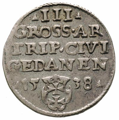 trojak 1538, Gdańsk, korona królewska z krzyżykiem, Iger G.38.1.a R1