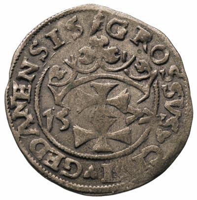 grosz oblężniczy 1577, Gdańsk, moneta z kawką na rewersie wybita w czasie, gdy zarządcą mennicy był W. Tallemann, T. 12, patyna, egzemplarz ze zbioru Wiktora Chomińskiego