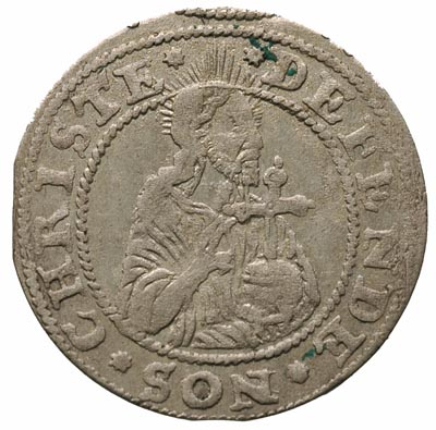 grosz oblężniczy 1577, Gdańsk, moneta bez kawki wybita w czasie, gdy zarządcą mennicy był K. Goebl, na awersie głowa Chrystusa nie przerywa wewnętrznej obwódki, T. 2.50