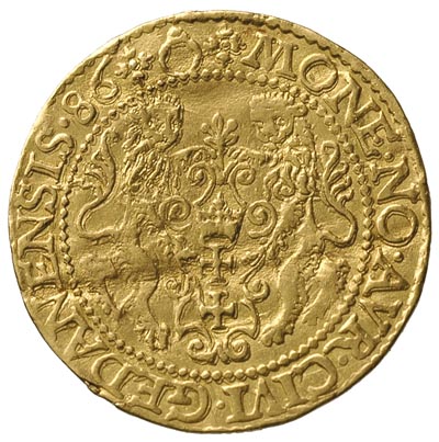dukat 1586, Gdańsk, Aw: Popiersie króla w prawo i napis wokoło, Rw: Herb Gdańska i napis wokoło, złoto 3.50 g, H-Cz. 770 R, Kaleniecki s. 64, gięty, patyna