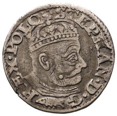 trojak 1580, Olkusz, odmiana z herbem Glaubicz na awersie i rewersie, Iger O.80.16.a R8, T. 80, drobne rysy w tle, ogromnie rzadka moneta znana jedynie z nielicznych zbiorów, patyna