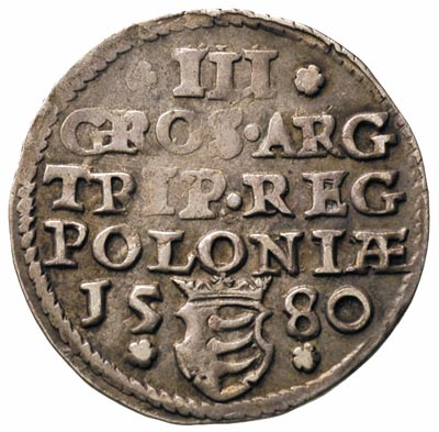 trojak 1580, Olkusz, odmiana z datą rozdzieloną herbem Batorych, Iger O.80.1.a R4, T. 15, rzadki, patyna