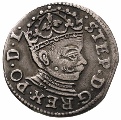 trojak 1582, Ryga, Iger R.82.1.a R2, awers Gerbaszewski 11, rewers Gerbaszewski 1, T. 3, moneta wybita z końcówki blachy, ciemna patyna, rzadka