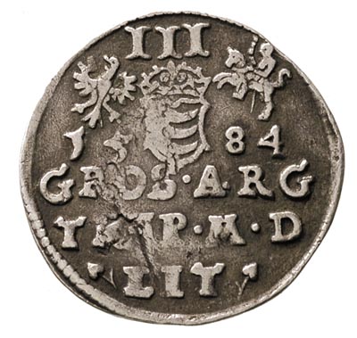 trojak 1584 Wilno, odmiana z dużą głową króla, Iger V.84.1.a R, Ivanauskas 782:130, wada blachy, ciemna patyna