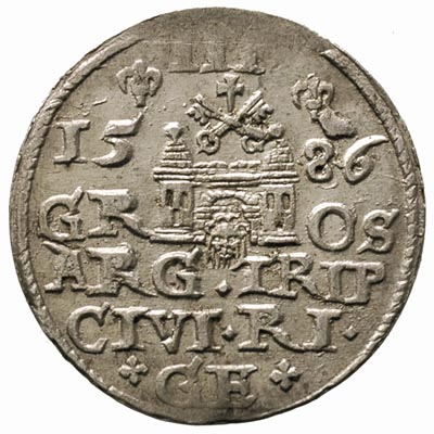 trojak 1586, Ryga, mała głowa króla, Iger R.86.2.d R, Gerbaszewski 4, drobna mennicza wada bicia, ale dość ładny