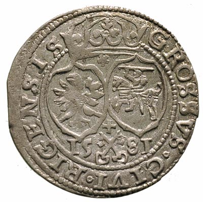 grosz 1581, Ryga, na rewersie Orzeł i Pogoń, Ger