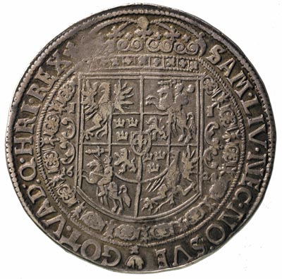 talar 1628, Bydgoszcz, odmiana z herbem podskarbiego pod popiersiem króla, 28.67 g, Dav. 4315, T. 6, patyna