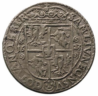 ort 1623, Bydgoszcz, wąska głowa króla, w koronie nad tarczą herbową dwa krzyżyki