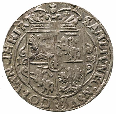 ort 1623, Bydgoszcz, szeroka głowa króla, w koronie nad tarczą herbową dwie rozetki, wada blachy ale ładny egzemplarz z połyskiem menniczym