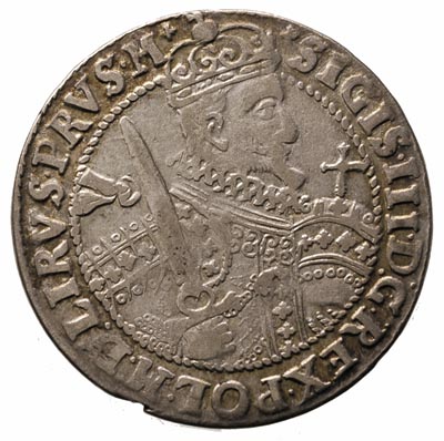 ort 1623, Bydgoszcz, szerokie popiersie króla, końcówka napisu PRVS . M +, duże cyfry daty, bardzo ładny, patyna