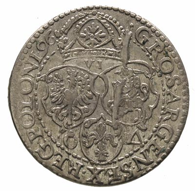 szóstak 1596, Malbork, obwódka zewnętrzna nie dotyka wierzchołka korony, a obwódka wewnętrzna dotyka górnej krawędzi korony, moneta wybita uszkodzonym stemplem
