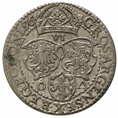 szóstak 1596, Malbork, obwódka zewnętrzna nie dotyka wierzchołka korony, a obwódka wewnętrzna dotyka górnej krawędzi korony