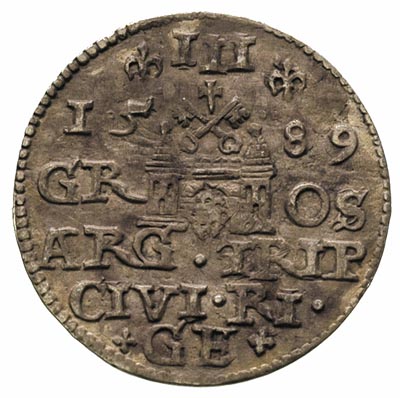 trojak 1589, Ryga, odmiana z III pomiędzy lilijkami, Iger R.89.1.a R2, Gerbaszewski 30, patyna