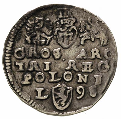 trojak 1598, Lublin, litera L z lewej strony herbu Lewart, Iger. L.98.2.a R, nierównomierna patyna