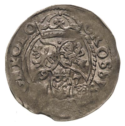 grosz 1597, Poznań, odmiana z popiersiem króla w koronie i datą po bokach herbu Snopek, T. 15, nieco niedobity, rzadki, ciemna patyna
