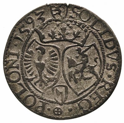 szeląg 1593, Olkusz, herb Topór na awersie i rew