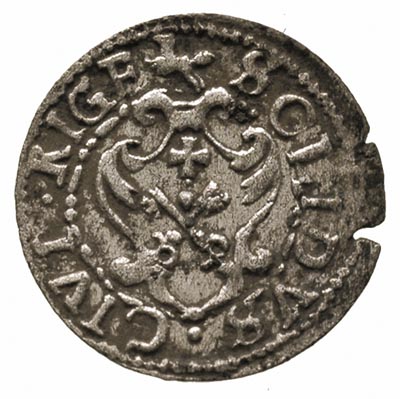 szeląg 1609, Ryga, Gerbaszewski 3.3 (podobny), rzadki wariant z pełną datą po bokach monogramu królewskiego, mennicza wada krążka, nierównomierna patyna