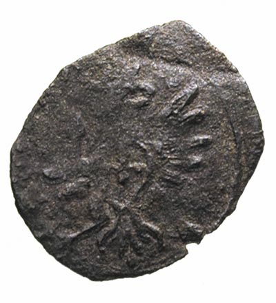 denar 1613, Łobżenica, skrócona data po bokach herbu Bróg, H-Cz. 1300 R6, T. 50, bardzo rzadki, ciemna patyna