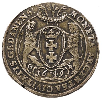 talar 1649, Gdańsk, 28.05 g, odmiana z dużą głową króla i napisem GEDANENS, Dav. 4358, T. 7, ślady starego złocenia i oprawy?