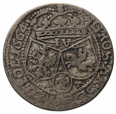 szóstak 1664, Kraków, po boku herbu Snopek litery A - T, moneta z omyłkowym nominałem IV, bardzo rzadka