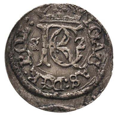 szeląg 1652, Wilno, wariant ze skróconą datą 5 - 2 po bokach monogramu królewskiego cyfra 5 przypomina odwróconą 2, rzadki, patyna