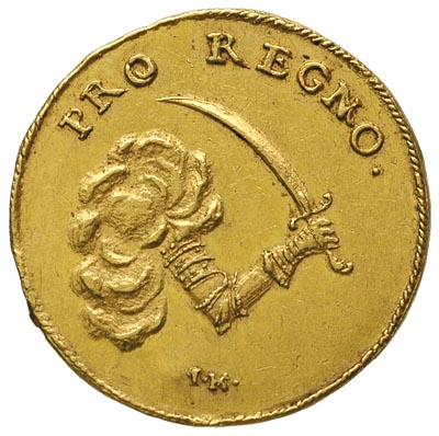 dukat koronacyjny 1697, Drezno, Aw: Napis, Rw: Ramię z szablą, złoto 3.45 g, Fr. 2830, moneta wybita z okazji koronacji Augusta na króla Polski, patyna